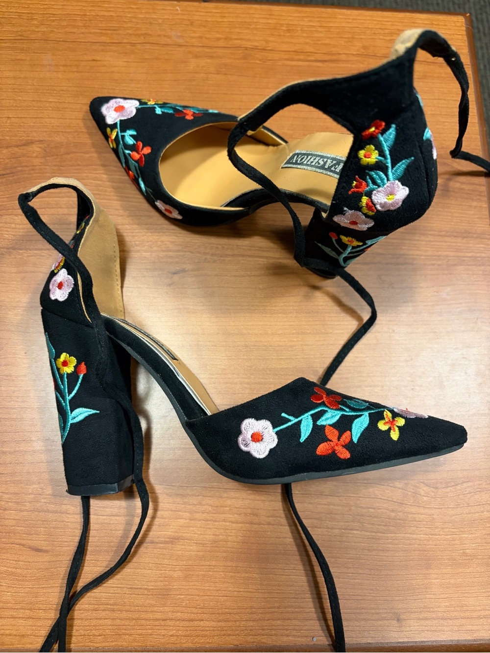 Black Embroidered Lace-Up Block Heel Pumps LIKE NEW